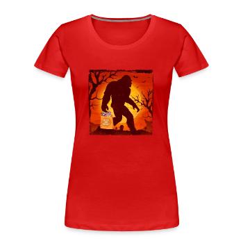 Lustige Halloween Bigfoot Trick oder behandeln - Frauen Premium Bio T-Shirt - Rot - Vorne - Mia (176cm)