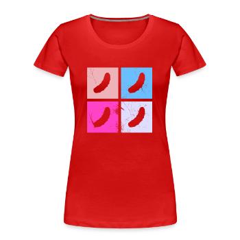 Cornichon au concombre Kukumer Retro Sour Cucumber - T-shirt bio Premium Femme - rouge - Devant - Mia (176cm)