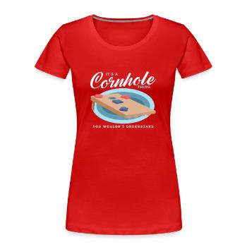 Cornhole Player Blind Hole Bean Bag Cadeau - T-shirt bio Premium Femme - rouge - Devant - Mia (176cm)