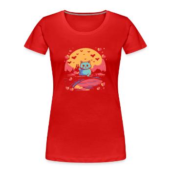 Auf der Brücke ist eine niedliche winkende Katze. - Frauen Premium Bio T-Shirt - Rot - Vorne - Mia (176cm)