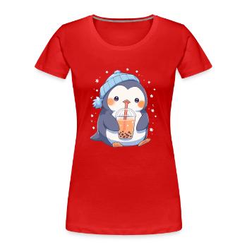 Kawaii Pingouin boit Boba Bubble Tea Chibi - T-shirt bio Premium Femme - rouge - Devant - Mia (176cm)