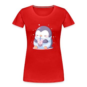 Kawaii Pingouin boit Boba Bubble Tea Chibi - T-shirt bio Premium Femme - rouge - Devant - Mia (176cm)