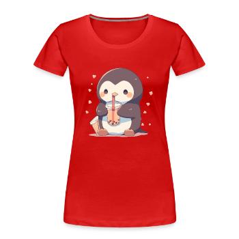 Kawaii Pingouin boit Boba Bubble Tea Chibi - T-shirt bio Premium Femme - rouge - Devant - Mia (176cm)