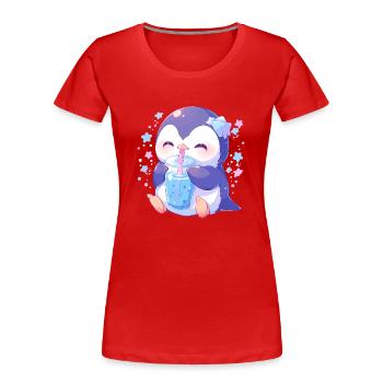 Kawaii Pingouin boit Boba Bubble Tea Chibi - T-shirt bio Premium Femme - rouge - Devant - Mia (176cm)