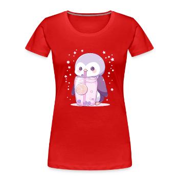 Kawaii Pingouin boit Boba Bubble Tea Chibi - T-shirt bio Premium Femme - rouge - Devant - Mia (176cm)