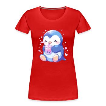 Kawaii Pingouin boit Boba Bubble Tea Chibi - T-shirt bio Premium Femme - rouge - Devant - Mia (176cm)