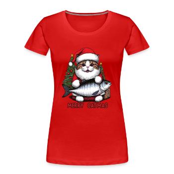Fat cat as Santa Claus with tuna, Merry Catmas - Women's Premium Organic T-Shirt - red - Front - Mia (176cm)