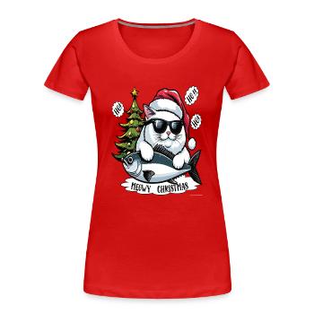 Fat cat with sunglasses and tuna as Santa Claus - Women's Premium Organic T-Shirt - red - Front - Mia (176cm)