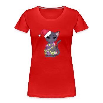 Cute Black Cat Wearing Santa Hat, Xmas Lights - Women's Premium Organic T-Shirt - red - Front - Mia (176cm)