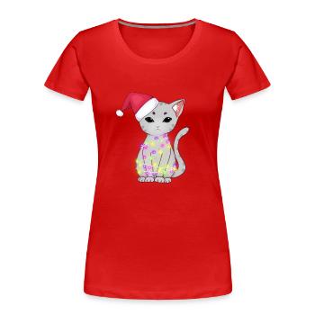 Niedliche graue Katze mit Weihnachtslichtern, Weihnachtsmütze - Frauen Premium Bio T-Shirt - Rot - Vorne - Mia (176cm)