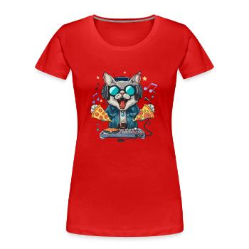 Disque Jockey Pizza Chat de l’Espace - Interstellaire - T-shirt bio Premium Femme - rouge - Devant - Mia (176cm)