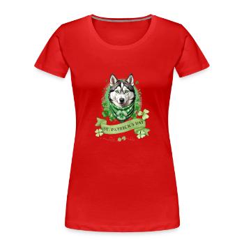 Husky Dog with Green Clover Bandana St. Patrick's - Frauen Premium Bio T-Shirt - Rot - Vorne - Mia (176cm)