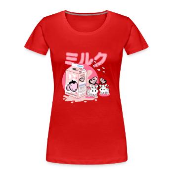 Milch Karton rosa Lustig japanische Schrift - Frauen Premium Bio T-Shirt - Rot - Vorne - Mia (176cm)