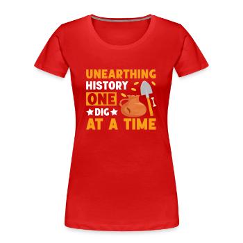 With each design, discover the secrets of the - Women's Premium Organic T-Shirt - red - Front - Mia (176cm)
