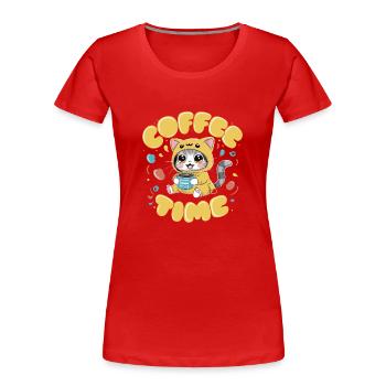 Niedliche Katze trinkt Kaffee Cartoon Kunst - Frauen Premium Bio T-Shirt - Rot - Vorne - Mia (176cm)