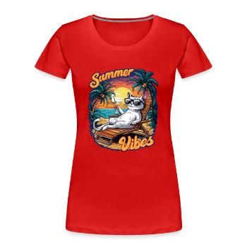 Katze am Strand für den Sommer - Frauen Premium Bio T-Shirt - Rot - Vorne - Mia (176cm)