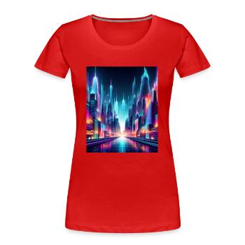 Futuristic Neon Cityscape – Vibrant Cyberpunk Art - Women's Premium Organic T-Shirt - red - Front - Mia (176cm)