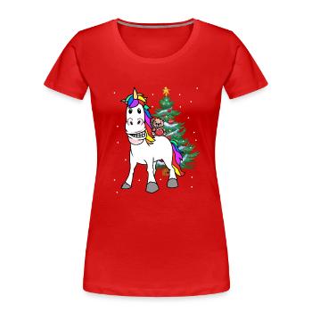 Weihnachten Kind Kinder Bescherung Einhorn Teddy - Frauen Premium Bio T-Shirt - Rot - Vorne - Mia (176cm)
