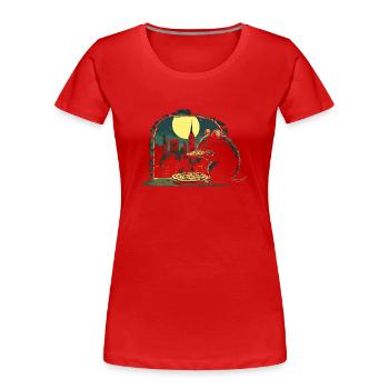 Ratte genießt Pizza bei Mondschein vor der Skyline - Frauen Premium Bio T-Shirt - Rot - Vorne - Mia (176cm)