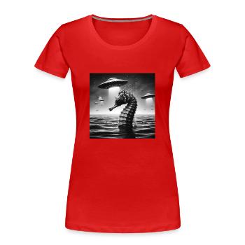 Mutant seahorse Funny Graphic Selfie with UFOs Wei - Frauen Premium Bio T-Shirt - Rot - Vorne - Mia (176cm)