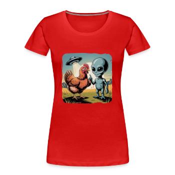Alien and Chicken Saucer Adventure - Women's Premium Organic T-Shirt - red - Front - Mia (176cm)