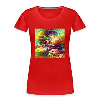 Helle psychedelische Retro-Blumen und -Formen - Frauen Premium Bio T-Shirt - Rot - Vorne - Mia (176cm)