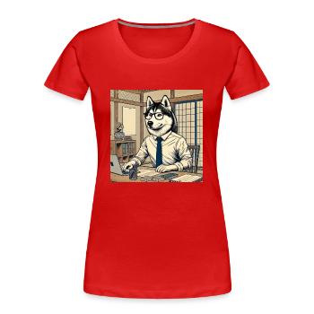 Husky am Schreibtisch - Ukiyo-e Stil - Frauen Premium Bio T-Shirt - Rot - Vorne - Mia (176cm)