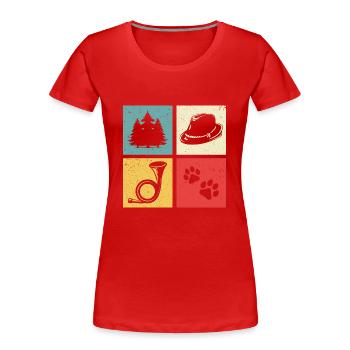 Conception de cor de chasse avec chapeau de feutre de patte de chien de forêt - T-shirt bio Premium Femme - rouge - Devant - Mia (176cm)