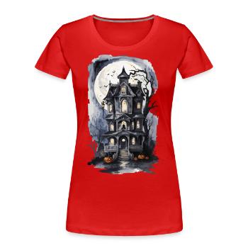 Witch House Full Moon Bat Spell Pumpkin Art - Women's Premium Organic T-Shirt - red - Front - Mia (176cm)
