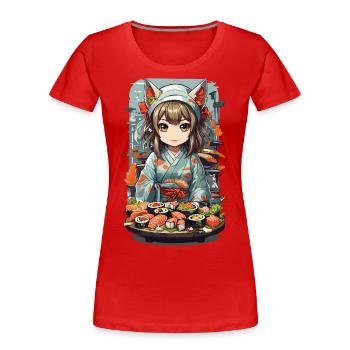 Kawaii Anime Sushi Master with Cat Ears - Women's Premium Organic T-Shirt - red - Front - Mia (176cm)