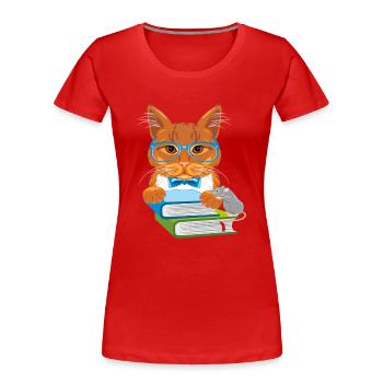 Smart ginger cat with books and funny mouse - Women's Premium Organic T-Shirt - red - Front - Mia (176cm)