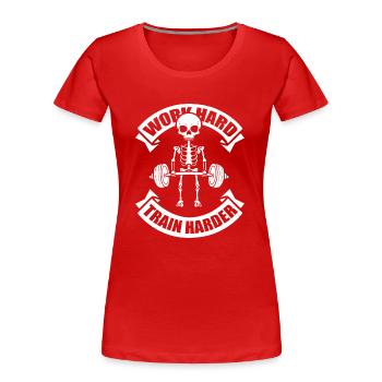 Gym T Shirt Design Unisexe WorkHard - TrainHarder - T-shirt bio Premium Femme - rouge - Devant - Mia (176cm)
