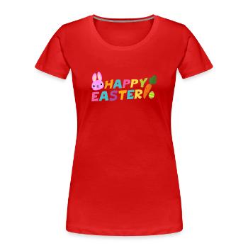 Fröhliche Ostern mit Ei-Karotte u. Häschen Pascha - Frauen Premium Bio T-Shirt - Rot - Vorne - Mia (176cm)