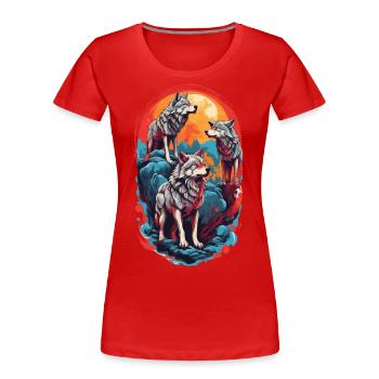 Funny Wolf Gang Colorful Moon Howling - Women's Premium Organic T-Shirt - red - Front - Mia (176cm)