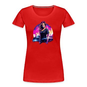 Eine Frau und ihr Auto erobern die Stadt - Frauen Premium Bio T-Shirt - Rot - Vorne - Mia (176cm)