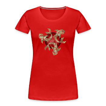 drei goldene tribal Fische auf einer roten Kugel - Frauen Premium Bio T-Shirt - Rot - Vorne - Mia (176cm)