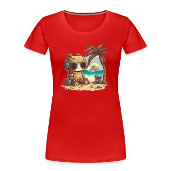 Ein kleiner Roboter im T-Shirt entspannt am Strand - Frauen Premium Bio T-Shirt - Rot - Vorne - Mia (176cm)