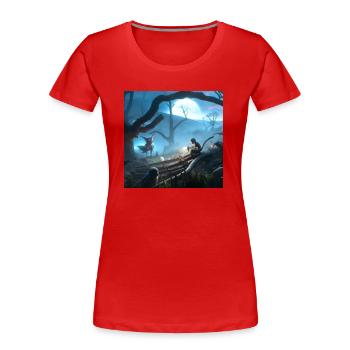 Girl in magical forest surrounded by creatures - Women's Premium Organic T-Shirt - red - Front - Mia (176cm)