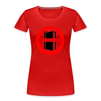 Tür schließen bitte | Farbe änderbar - Frauen Premium Bio T-Shirt - Rot - Vorne - Mia (176cm)