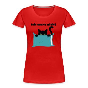 Katze versteckt sich hinter Kissen -Ich wars nicht - Frauen Premium Bio T-Shirt - Rot - Vorne - Mia (176cm)