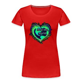 Heile die Welt, Erdkugel in Herzform, Neonlicht - Frauen Premium Bio T-Shirt - Rot - Vorne - Mia (176cm)