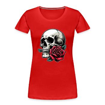 Skull mit Rose zwischen den Zähnen - Frauen Premium Bio T-Shirt - Rot - Vorne - Mia (176cm)