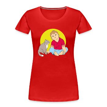 Boy talking to cat - Women's Premium Organic T-Shirt - red - Front - Mia (176cm)