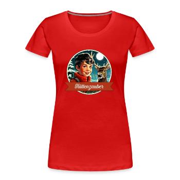 Gemütliches Aufwärmen auf der Alm - Hüttenzauber - Frauen Premium Bio T-Shirt - Rot - Vorne - Mia (176cm)