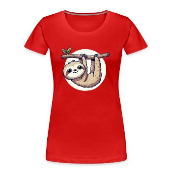 kindlich gestaltetes Faultier hängt an einem Ast - Frauen Premium Bio T-Shirt - Rot - Vorne - Mia (176cm)