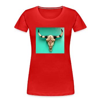 Stierschädel mit Ornamenten an einer grünen Wand - Frauen Premium Bio T-Shirt - Rot - Vorne - Mia (176cm)