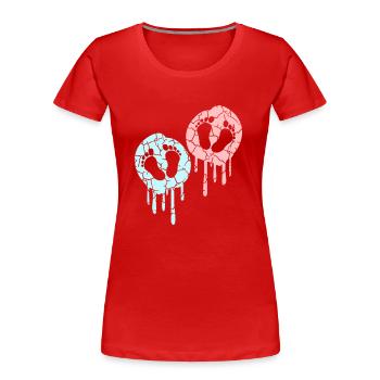 2 Twins Bébés Enceinte Ventre Empreinte Pieds - T-shirt bio Premium Femme - rouge - Devant - Mia (176cm)