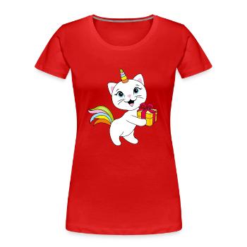 Süßes lächelndes Katzeneinhorn mit Geschenkbox - Frauen Premium Bio T-Shirt - Rot - Vorne - Mia (176cm)