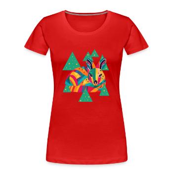 Zeichnung einer bunten Hirschkuh zwischen Bäumen - Frauen Premium Bio T-Shirt - Rot - Vorne - Mia (176cm)