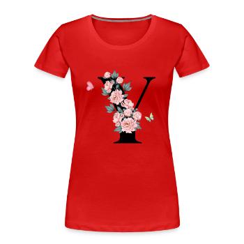 Buchstaben und rosa Blumen - Frauen Premium Bio T-Shirt - Rot - Vorne - Mia (176cm)